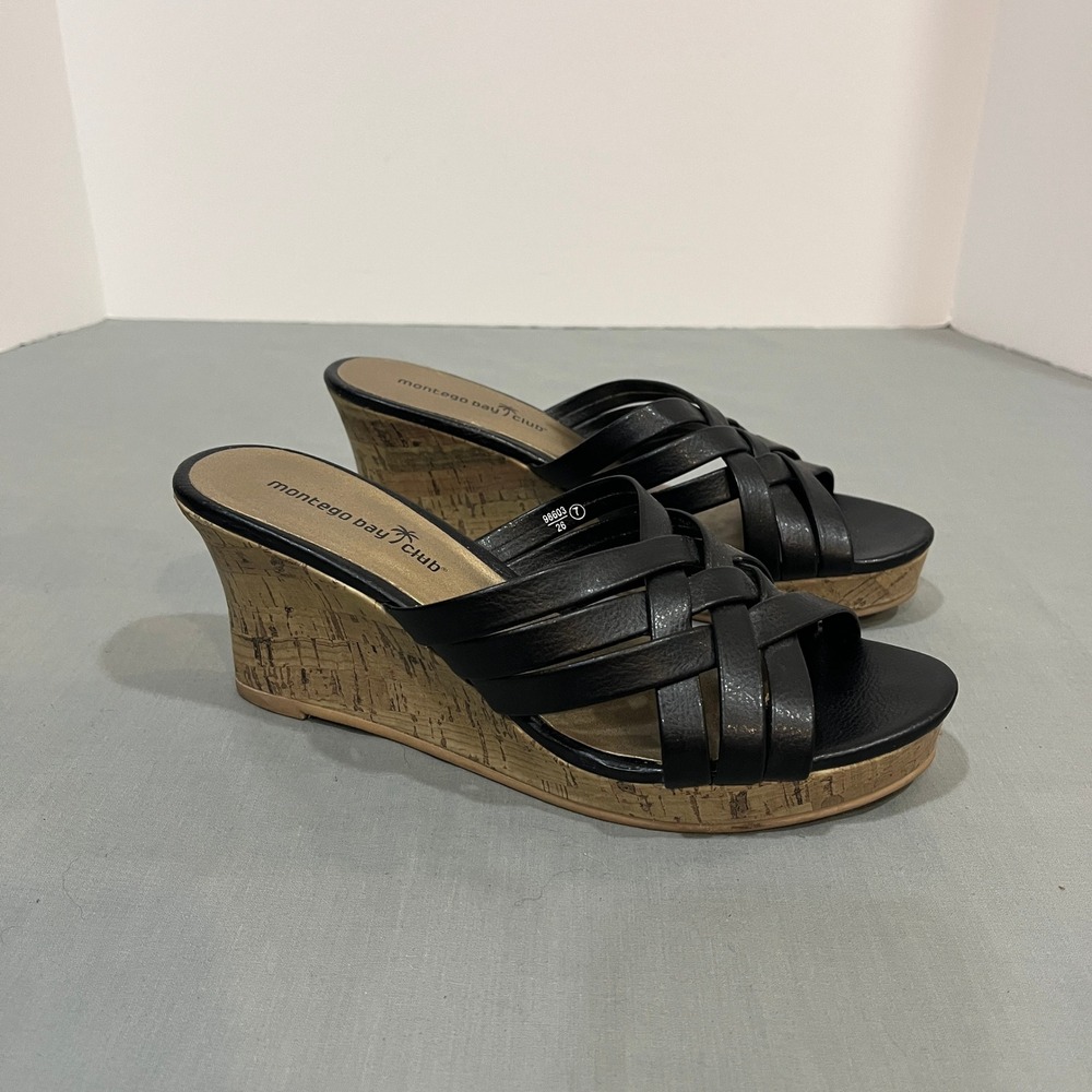 Montego Bay Club Wedge Sandals Women Size 7 Black Strappy Cork Platform 98603